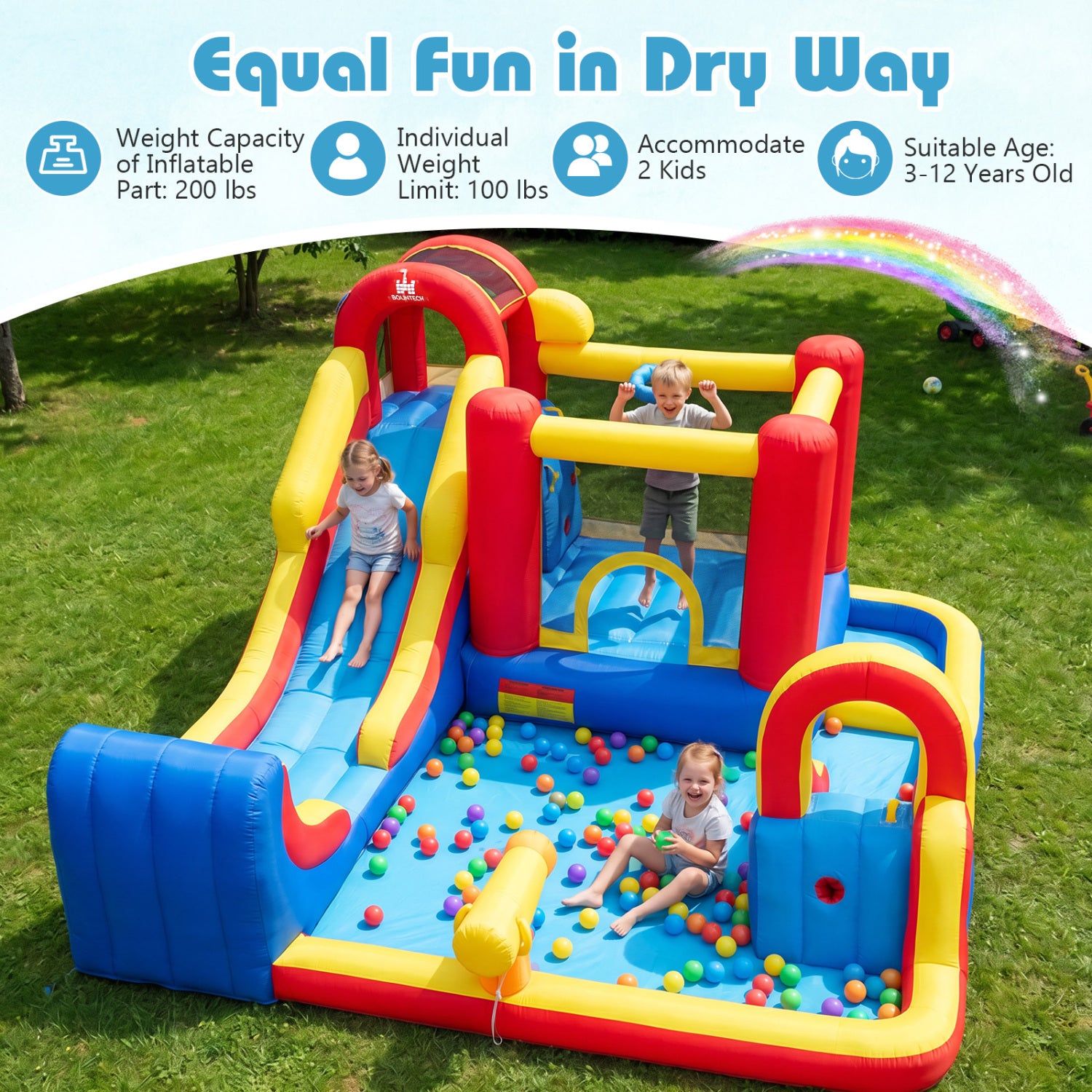 Children playing on an inflatable playground with slide and ball pit in a grassy area.
