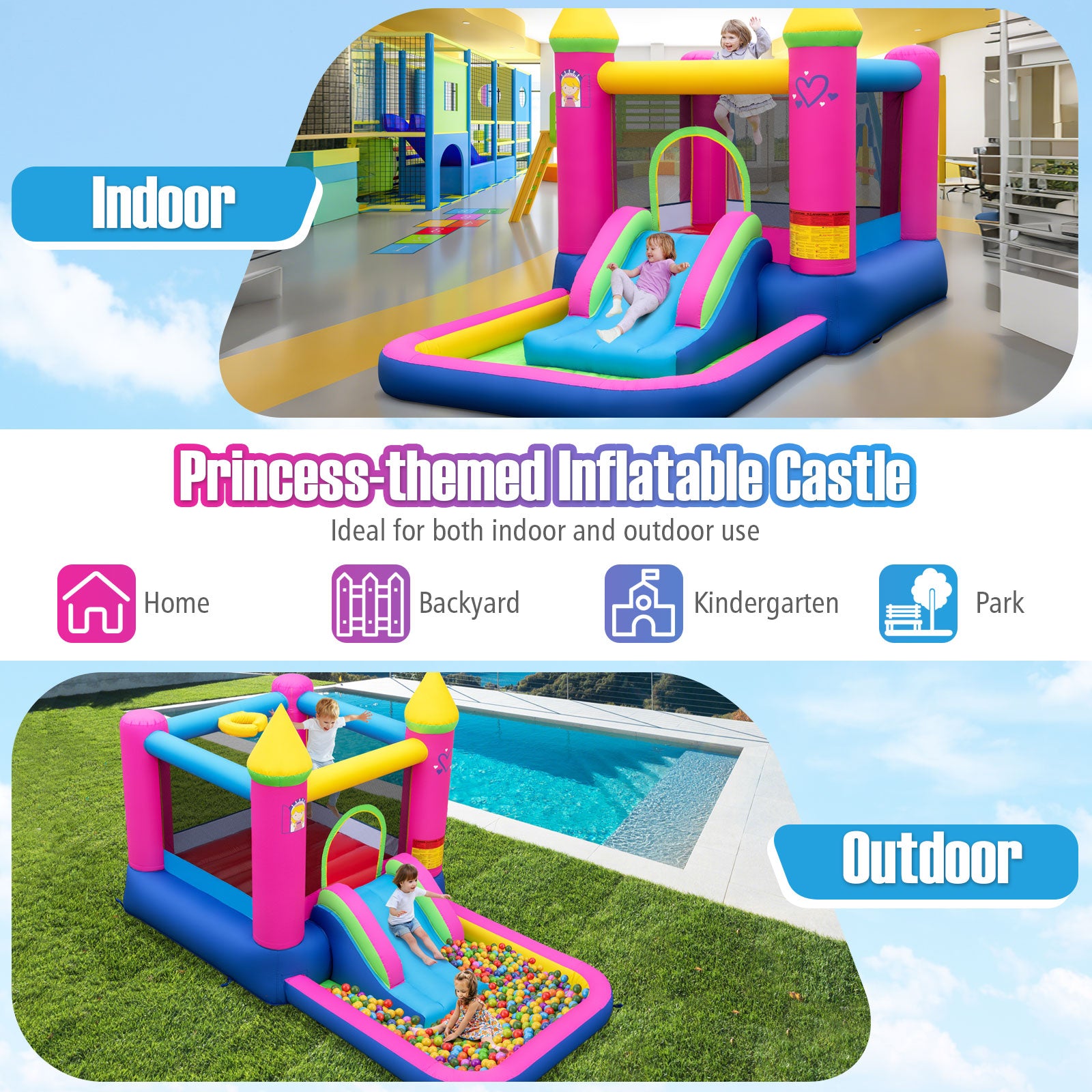 Princess-themed inflatable castle with slides and play areas, suitable for indoor and outdoor use.