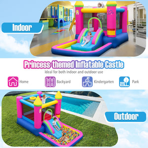 Princess-themed inflatable castle with slides and play areas, suitable for indoor and outdoor use.