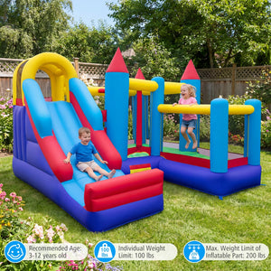 Children playing on a colorful inflatable playground set in a garden.