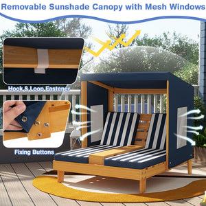 Wooden outdoor lounge chair with a removable sunshade canopy on a deck.