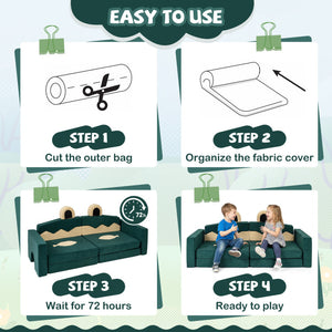 Instructions for using a fabric cover on a sofa with illustrations and text.
