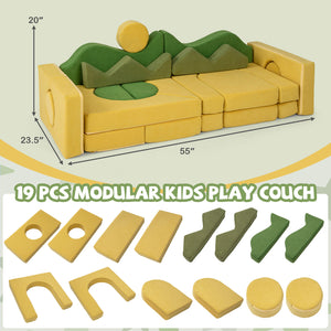 19-piece modular kids play couch with dimensions and component pieces displayed.