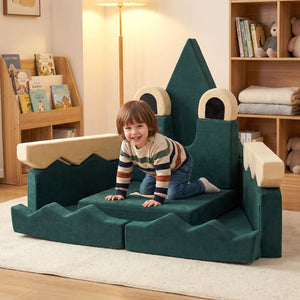 Child playing on a green and beige castle-shaped play couch in a room with books and toys.