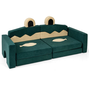 Children's frog-themed sofa with green and beige colors on a white background