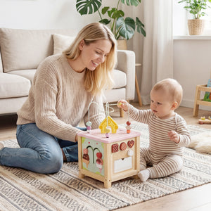 Montessori wooden activity cube for toddlers aged 18 months and older