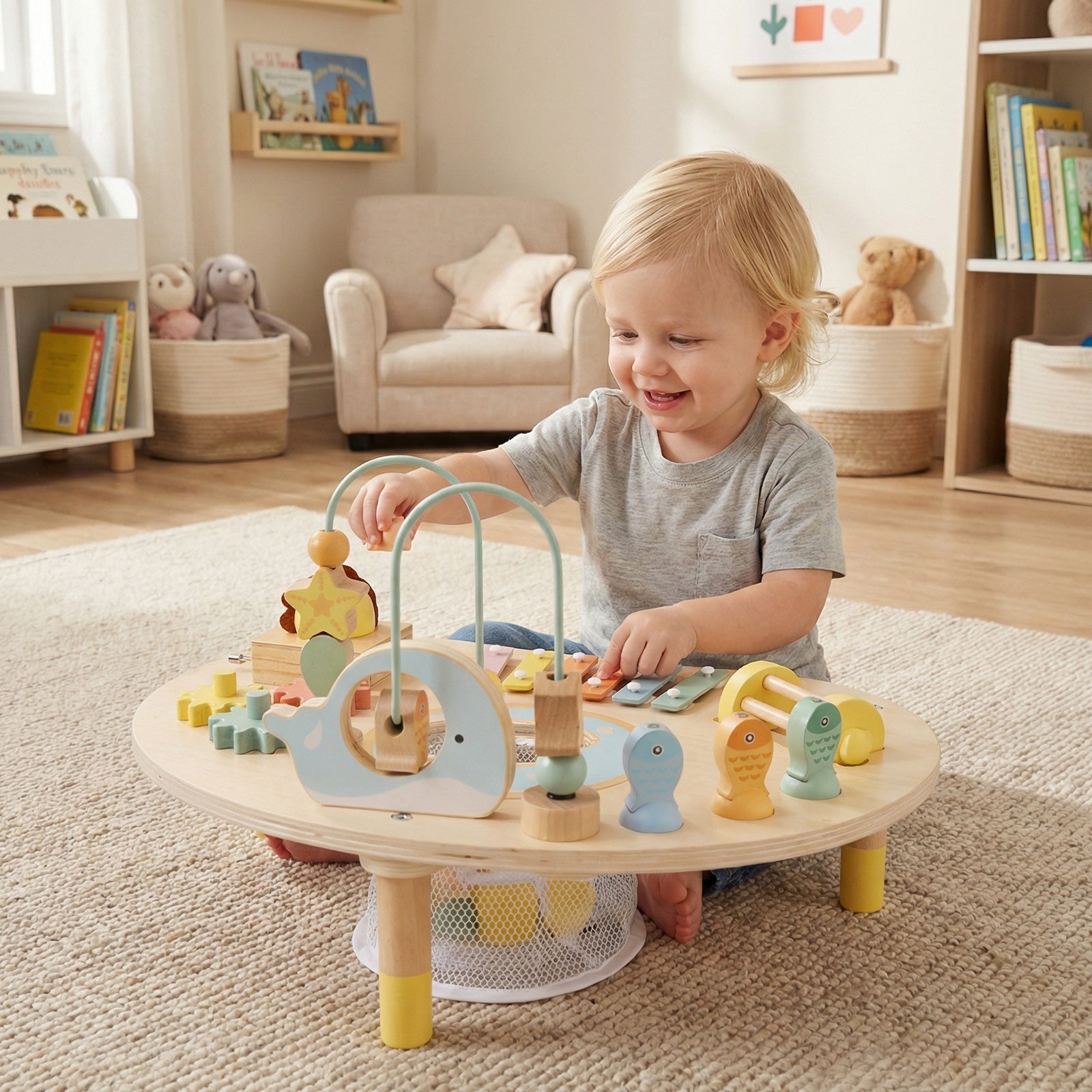 7-in-1 Montessori wooden activity table for toddlers with sensory learning games