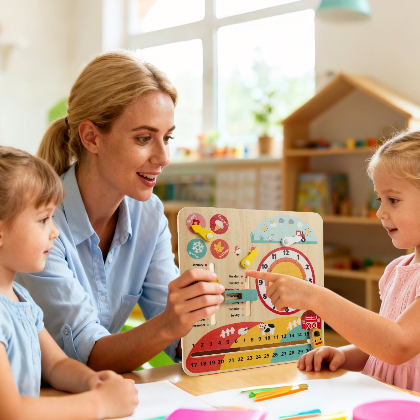 Montessori wooden learning clock and calendar for toddlers