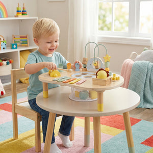 Montessori learning table with bead maze shape sorter and fishing game