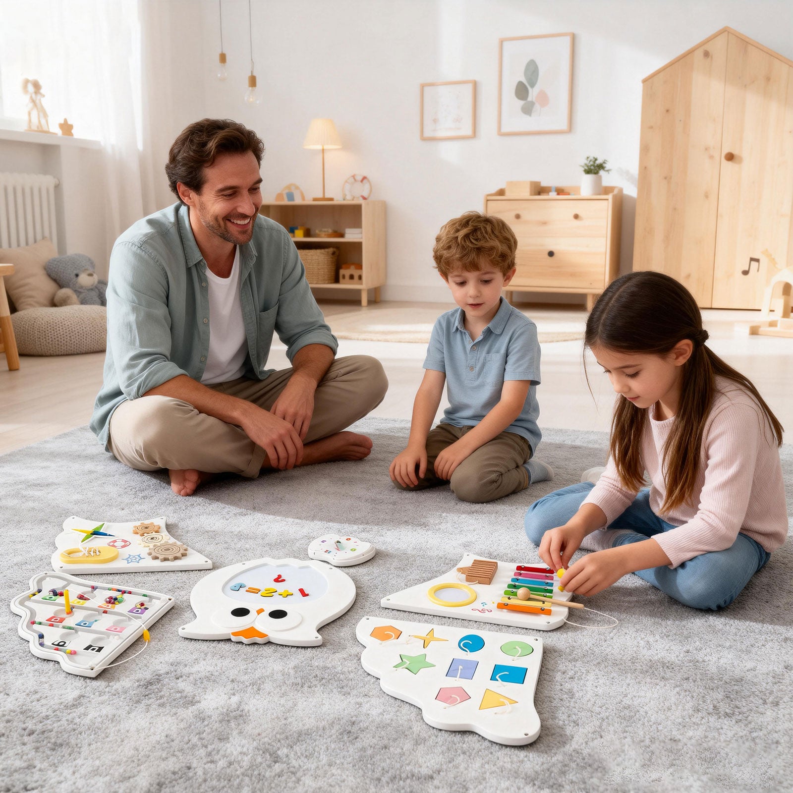 Montessori owl busy board with interactive sensory learning activities