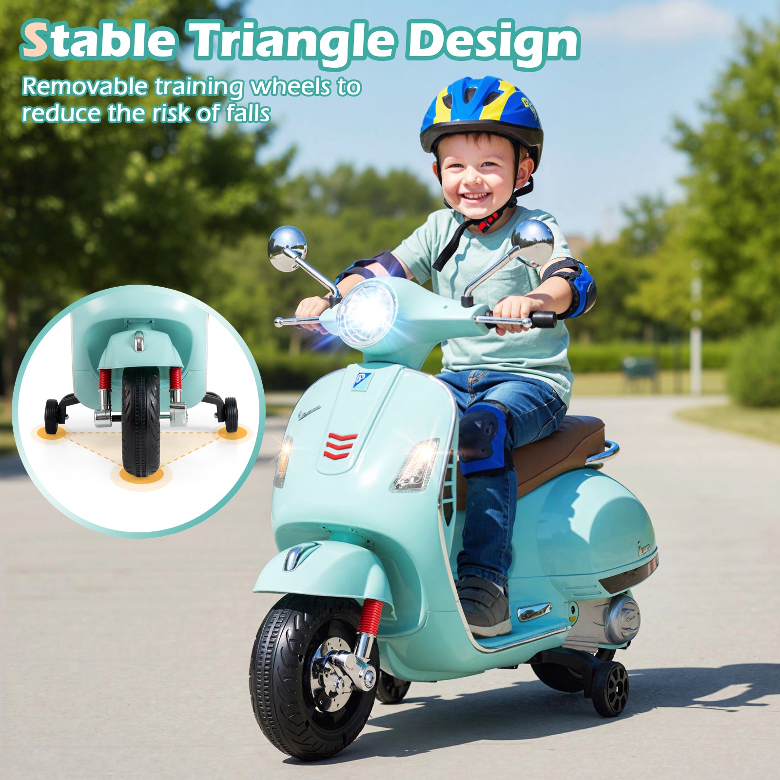 Child riding a toy scooter with a stable triangle design, surrounded by greenery.
