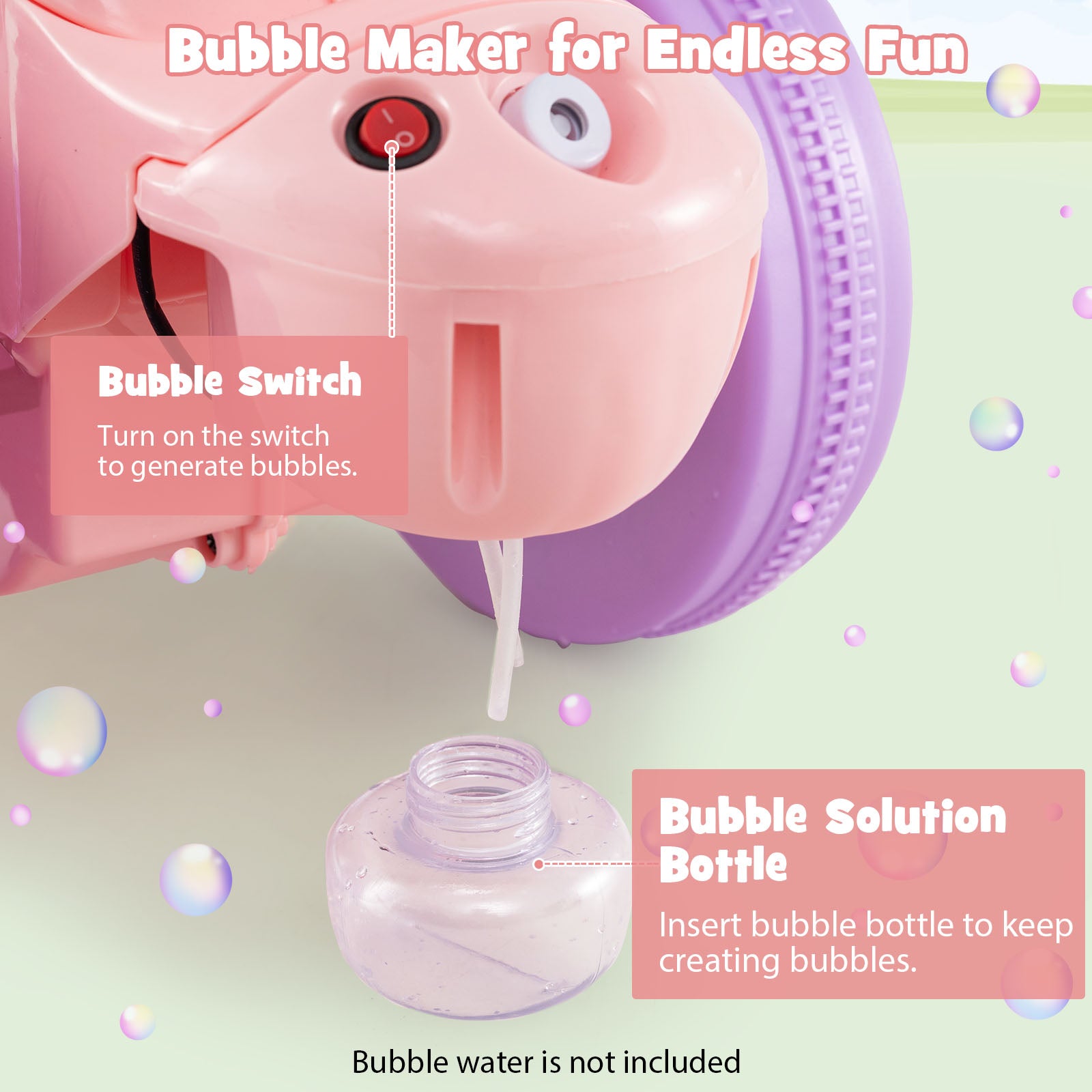 Bubble maker with switch and bottle on a light green background