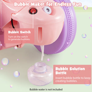 Bubble maker with switch and bottle on a light green background