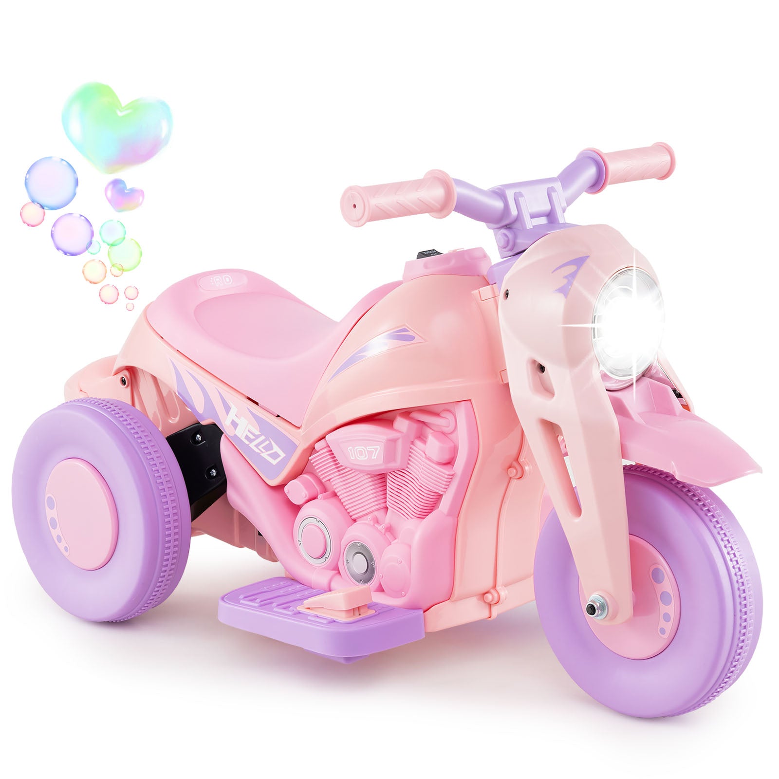 Pink and purple toy motorcycle with bubble effects on a white background