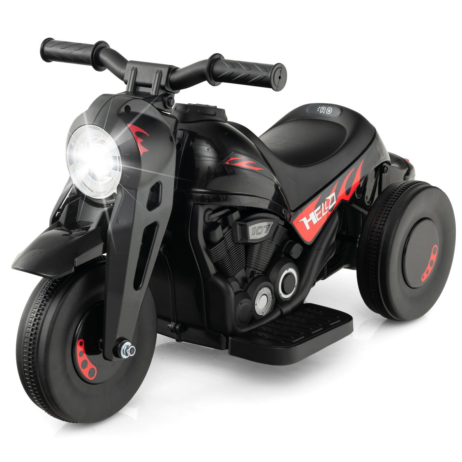 Black and red toy motorcycle on a white background