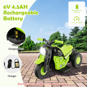 Green toy motorcycle with charging port and battery information on a scenic background
