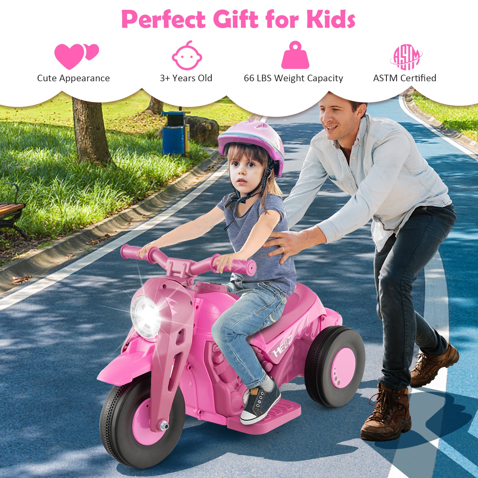 Child riding a pink toy motorcycle with an adult pushing it on a path, with product features listed above.