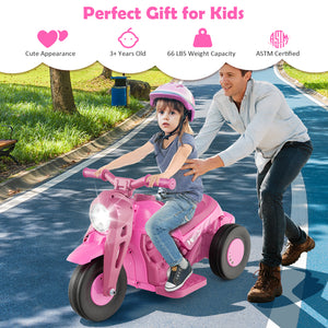 Child riding a pink toy motorcycle with an adult pushing it on a path, with product features listed above.