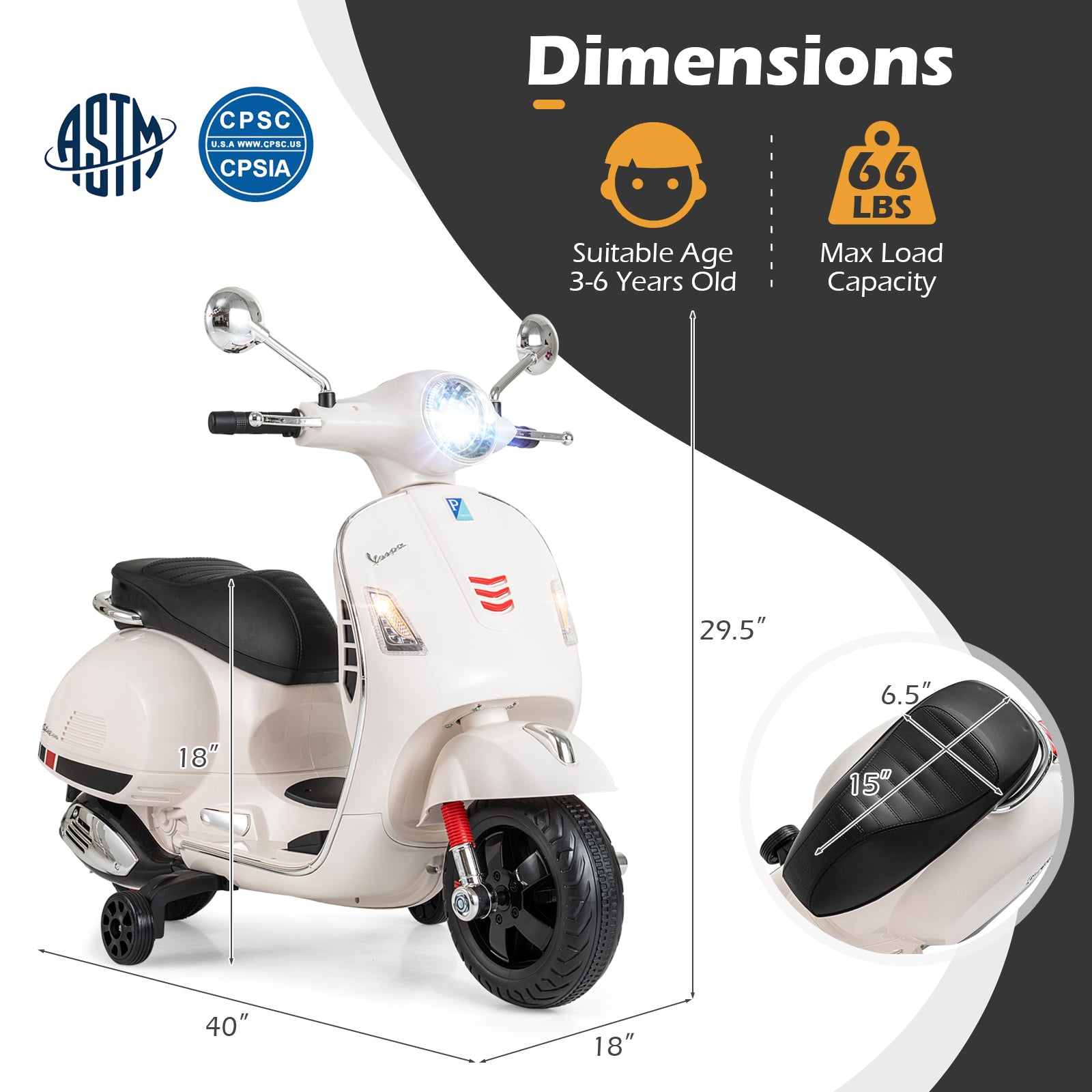 White toy scooter with dimensions and safety certification logos on a white background