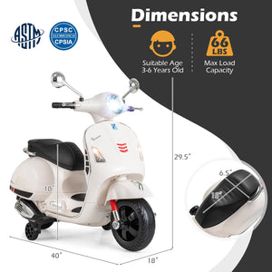 White toy scooter with dimensions and safety certification logos on a white background