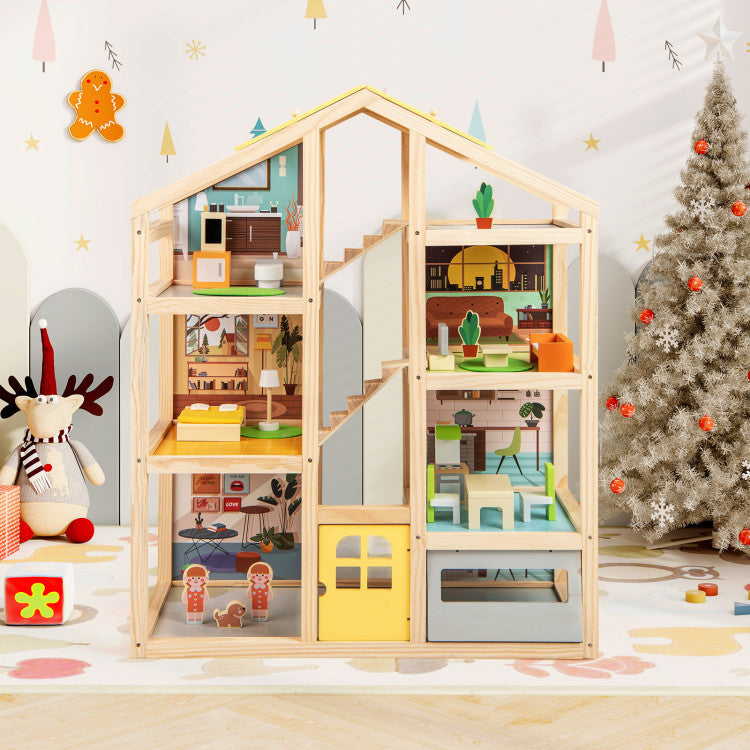 Multi-room wooden dollhouse for kids creative play
