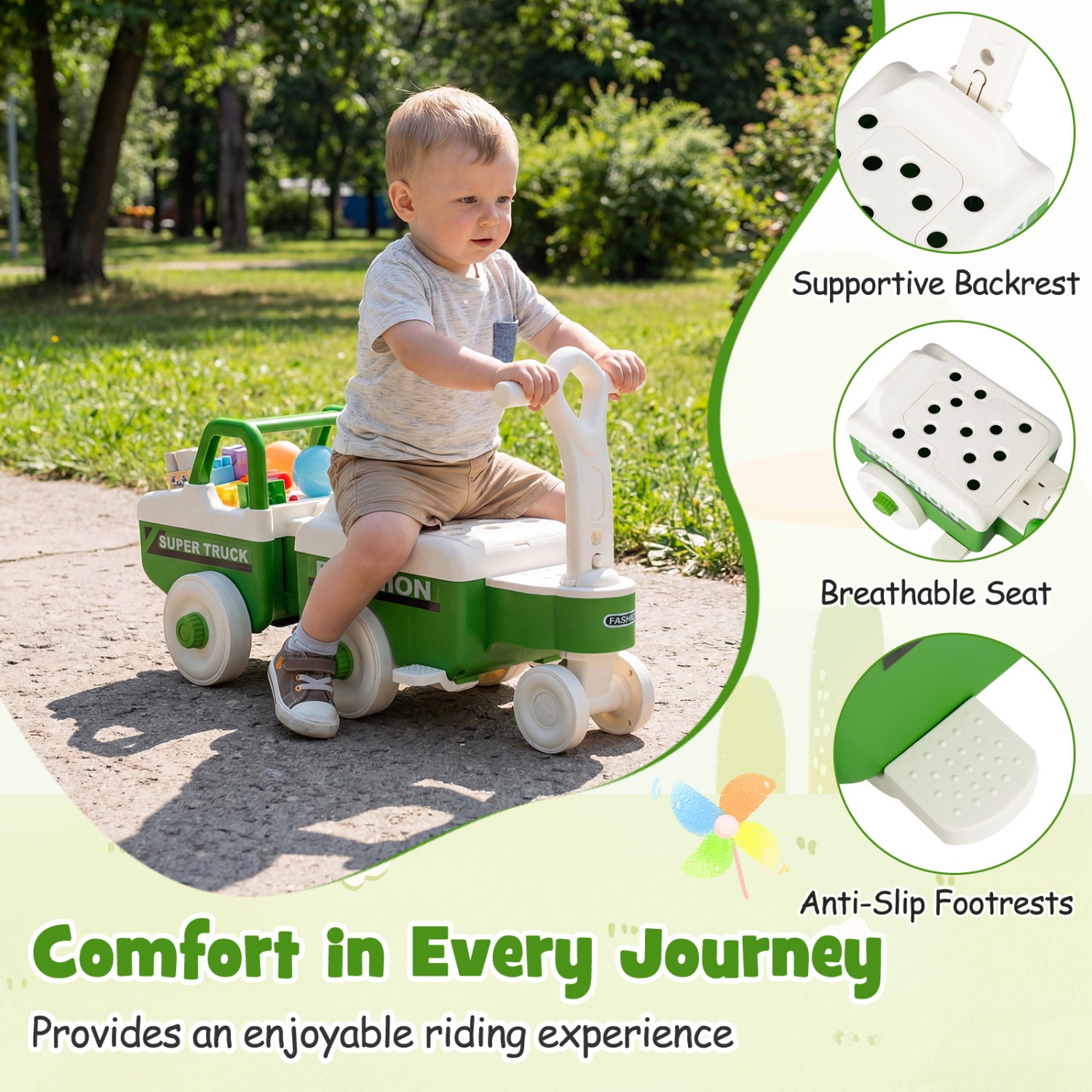 Child playing with a green and white toy truck in a park, with features highlighted on the right.