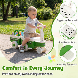 Child playing with a green and white toy truck in a park, with features highlighted on the right.
