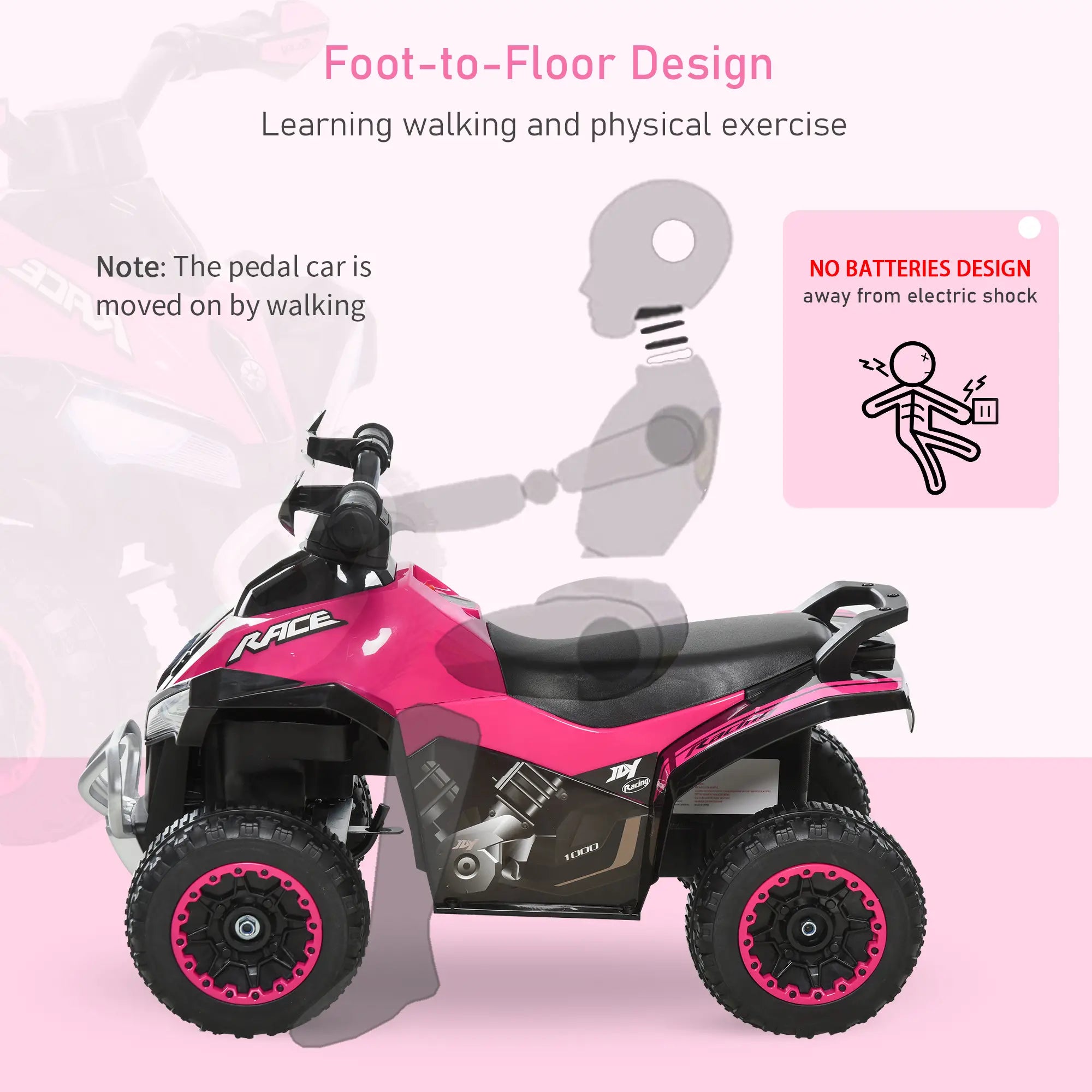 Pink and black pedal toy car with text on a pink background