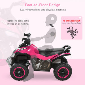 Pink and black pedal toy car with text on a pink background