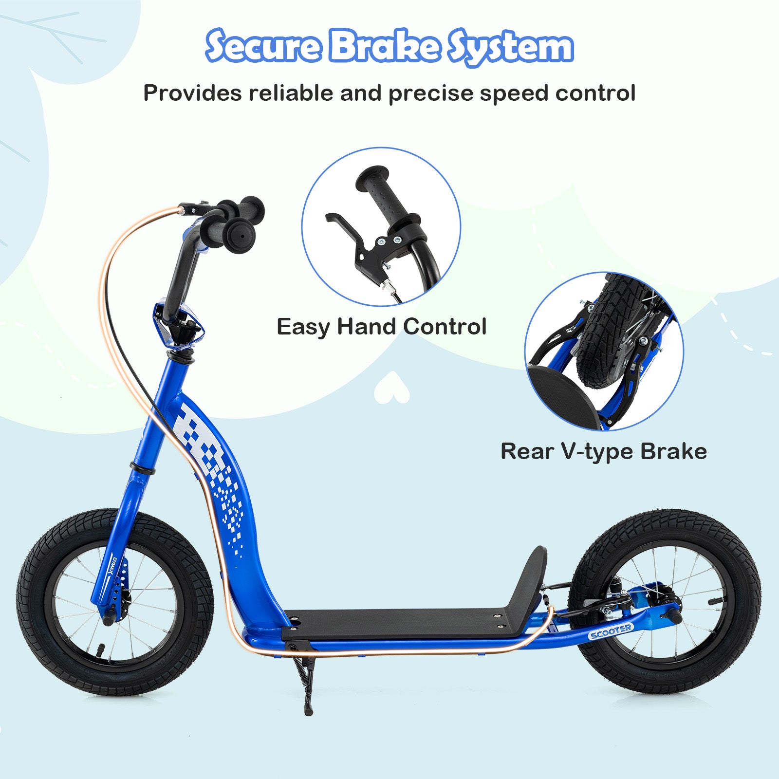 Blue scooter with secure brake system features on a light blue background