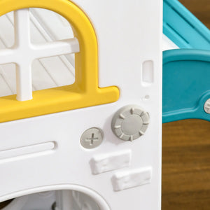 Close-up of a toy vehicle with yellow roof and white body, featuring buttons and a steering wheel.