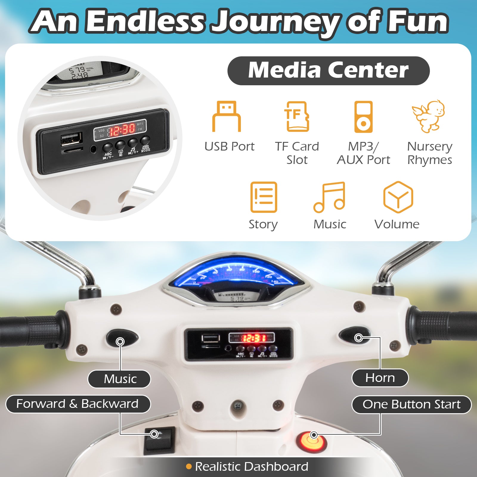 Children's toy vehicle with media center features and dashboard display.