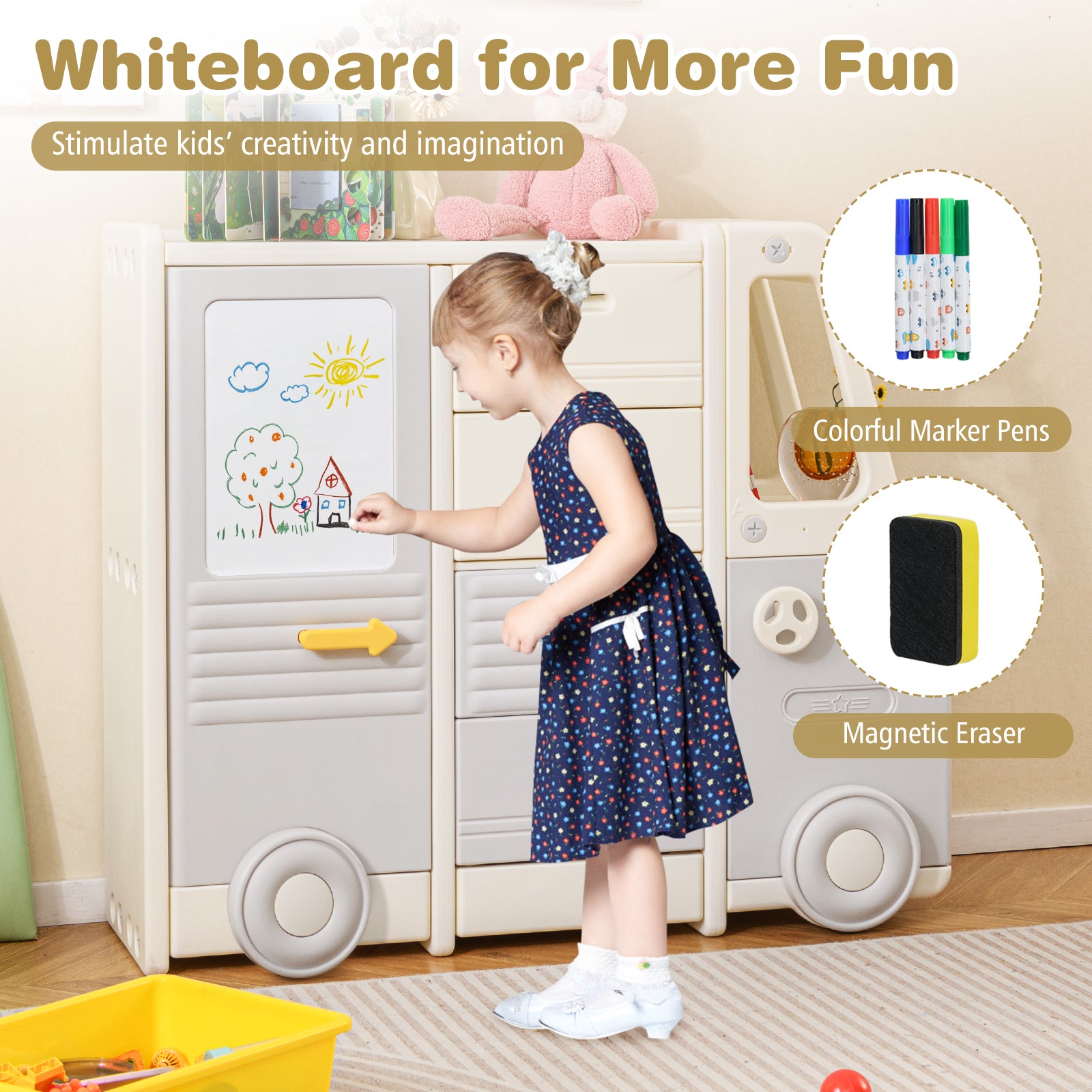 Nursery storage organizer with drawers and cabinets