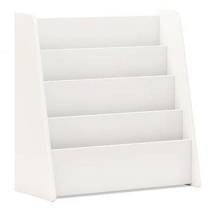 A stylish nursery with a faux wood grain 4-tier bookshelf for nursery storage.