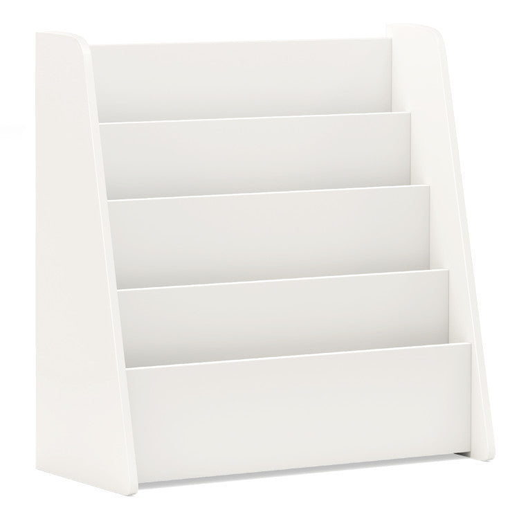 A stylish nursery with a faux wood grain 4-tier bookshelf for nursery storage.