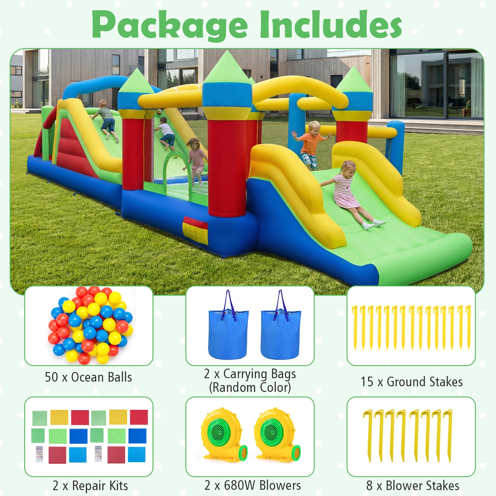 Inflatable water slide with accessories on a grassy area, including ocean balls, carrying bags, ground stakes, repair kits, and blowers.