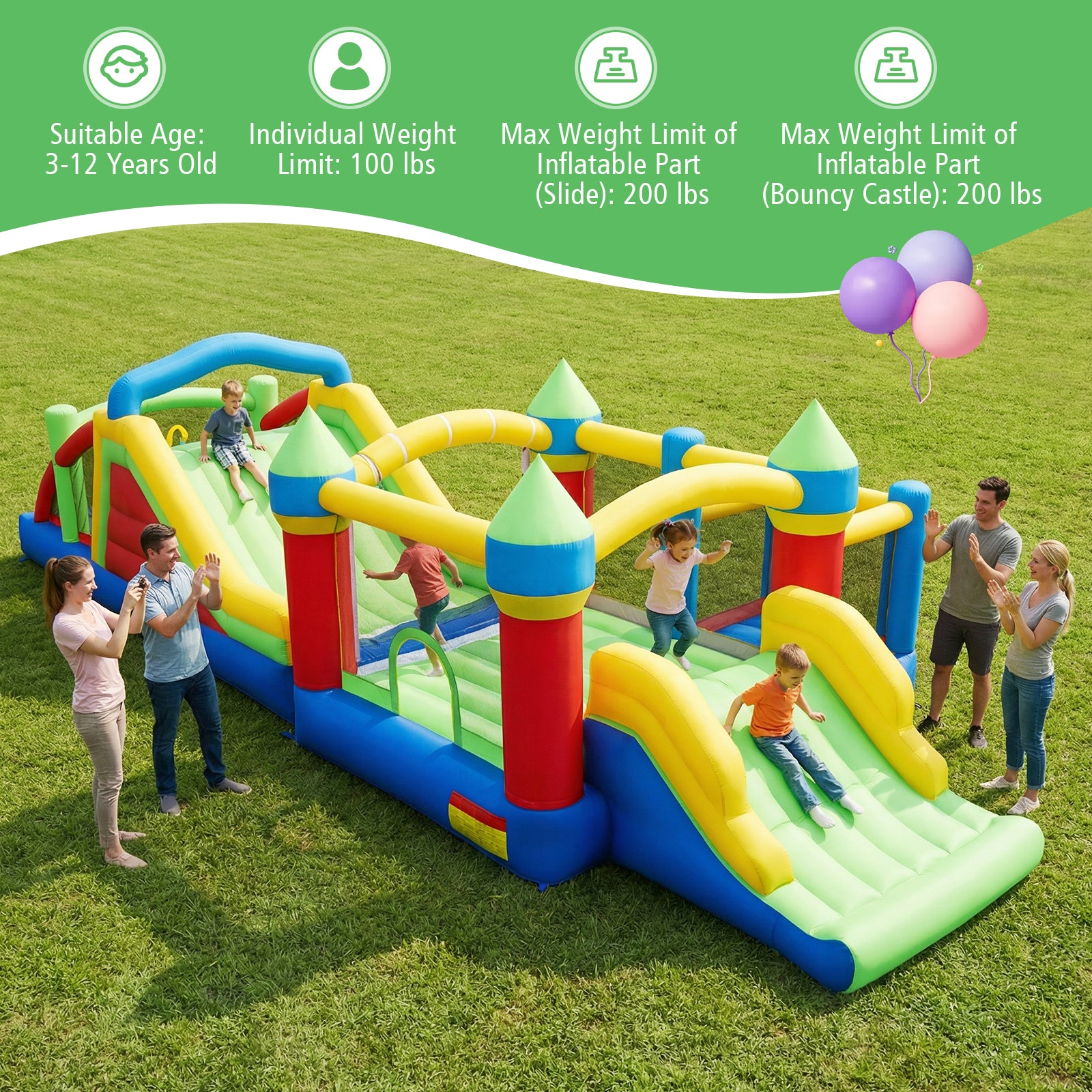 Inflatable playground with children playing on a grassy field