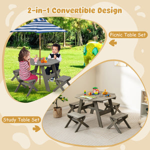 Children's picnic table set with umbrella and benches, convertible design for study table.