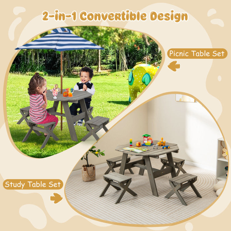 Children's picnic table set with umbrella and benches, convertible design for study table.