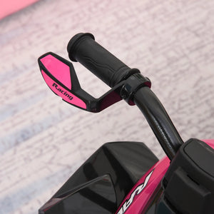 Close-up of pink and black motorcycle handlebar with 'Racing' branding on a textured surface.