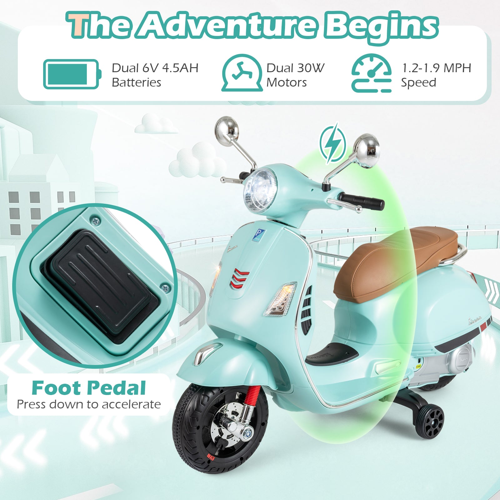 Children's electric scooter with features highlighted on a light blue background