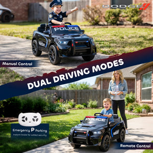 A promotional collage for a black police-themed ride-on toy car. The top panel shows a child driving the toy outdoors on a driveway, with a large diagonal banner reading 'DUAL DRIVING MODES.