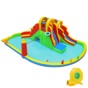 Colorful inflatable water park with slides and pool on a white background