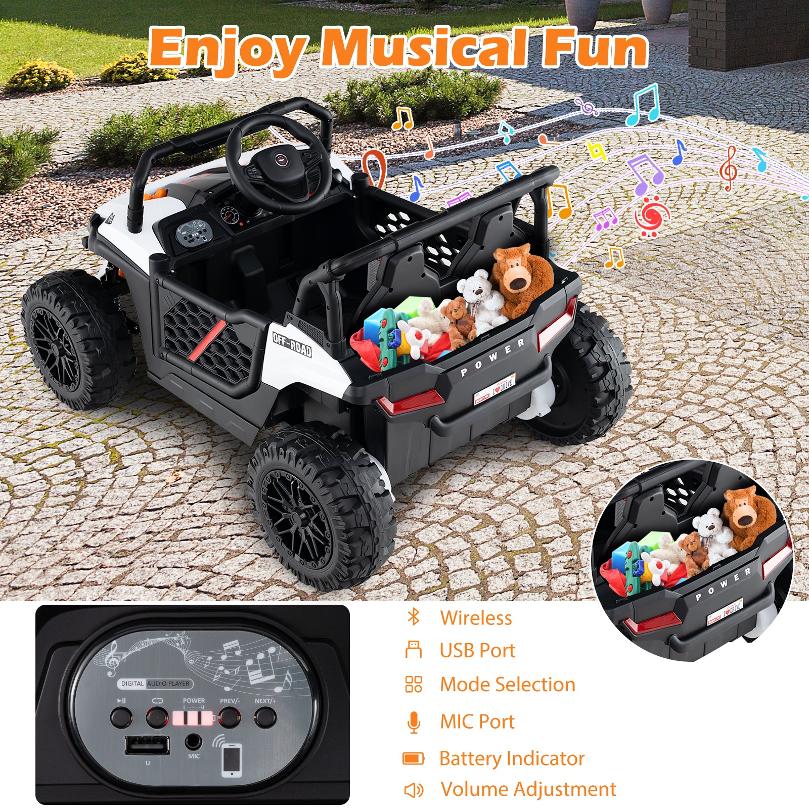 Toy car with teddy bears on a stone surface, featuring musical notes and control panel details.