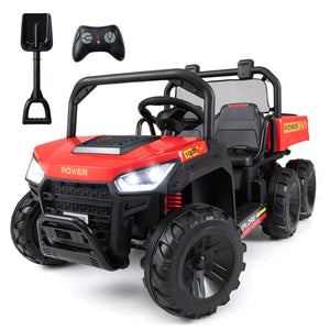 Red and black toy off-road vehicle with remote control on a white background