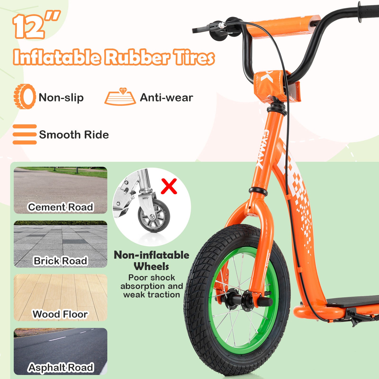 Orange balance bike with inflatable rubber tires on a green background, highlighting features like non-slip and anti-wear properties.