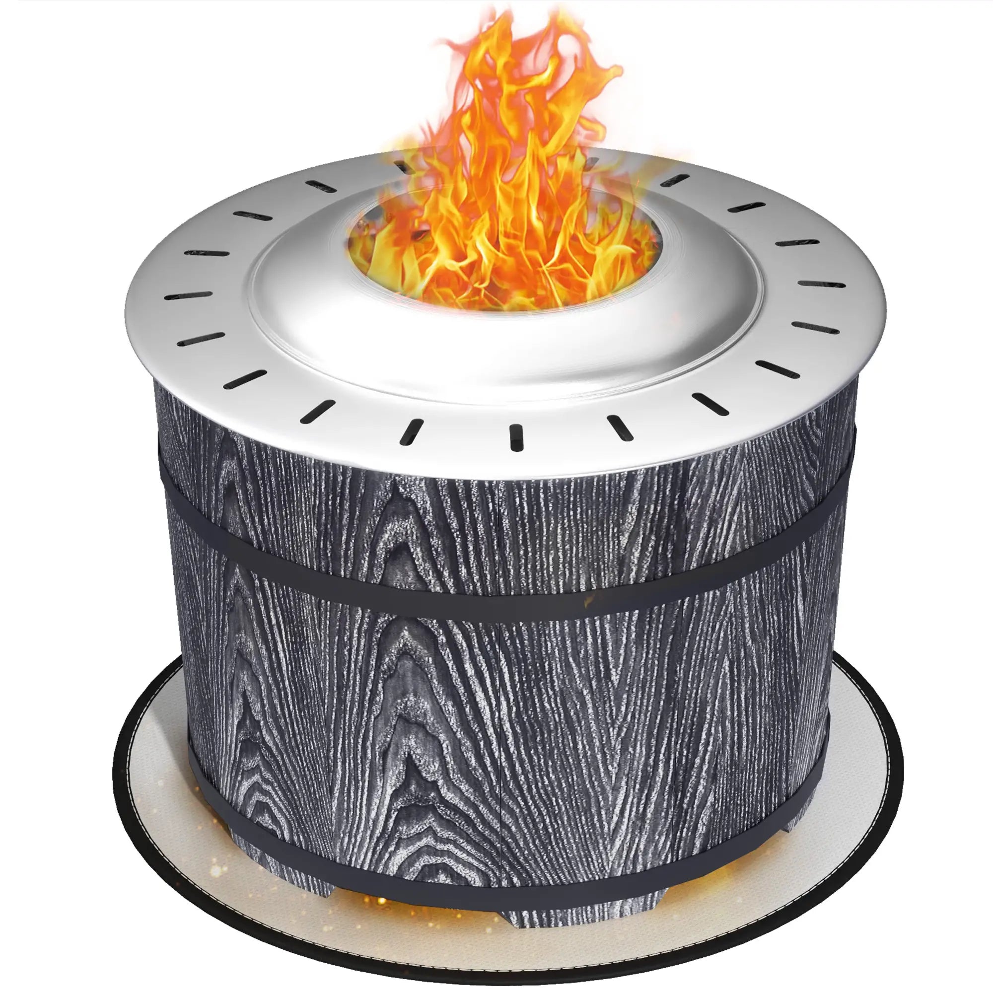 Wooden-textured fire pit with flames on a white background