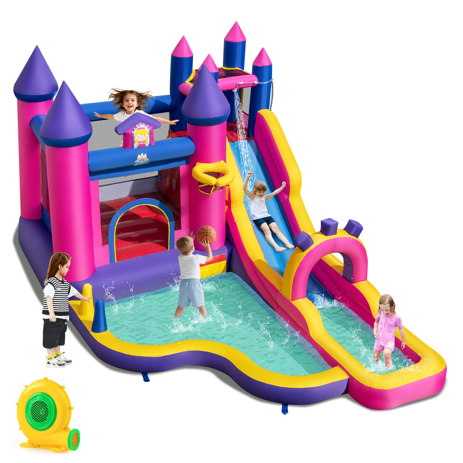 Colorful inflatable water slide and castle with children playing on a white background