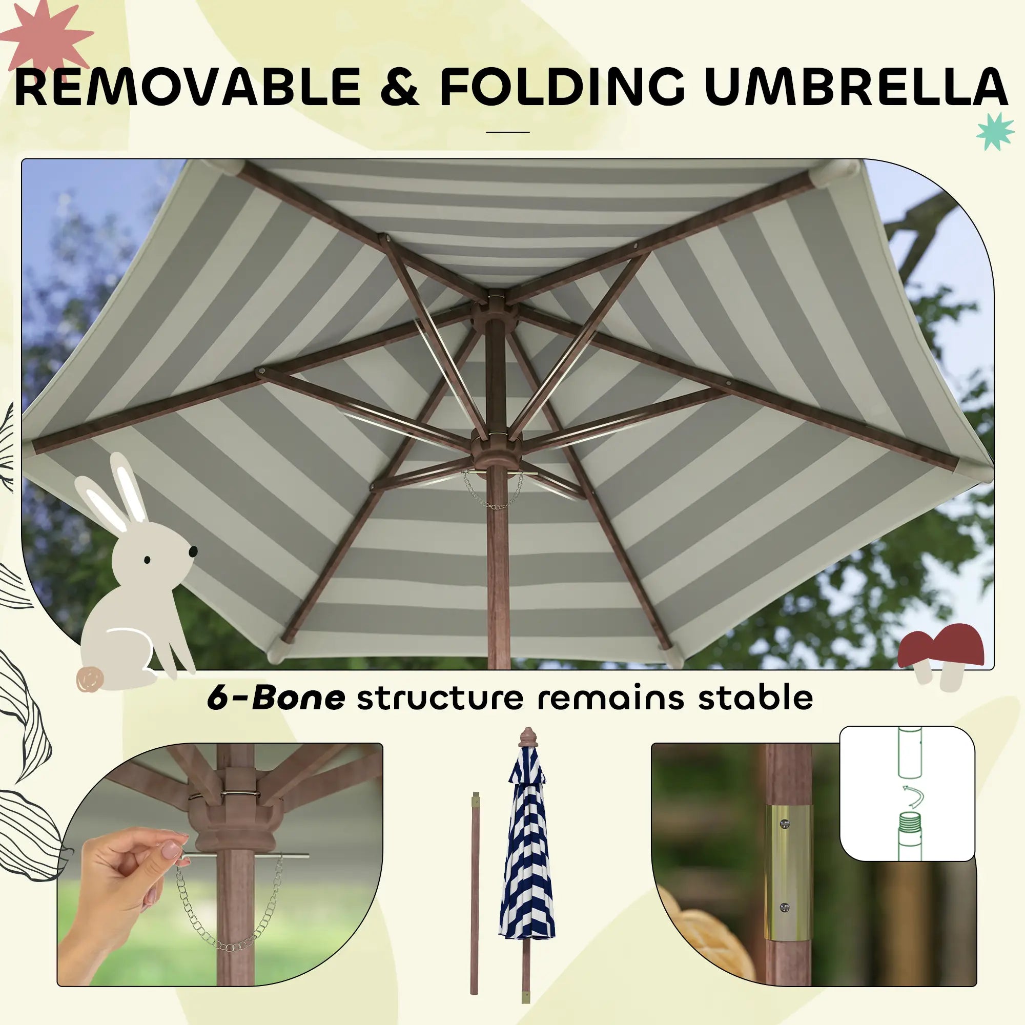Removable and folding umbrella with striped canopy and 6-bone structure stability feature.
