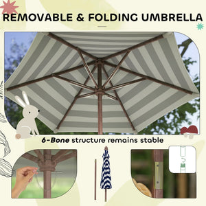 Removable and folding umbrella with striped canopy and 6-bone structure stability feature.